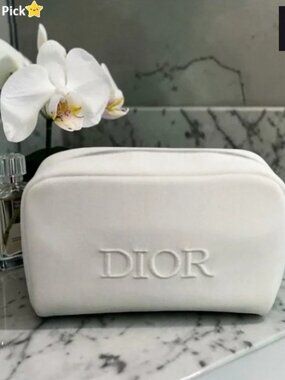 DIOR Ivory Embroidered Logo Pouch – Cosmetic/Travel Case